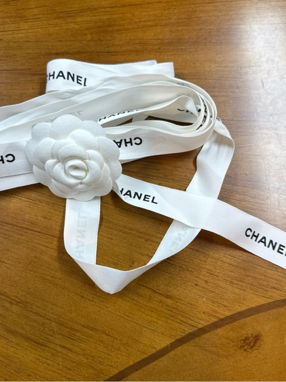 Chanel Gift Wrapping Ribbon 1” W59”L White Black Logo Camellia Flower Tissue